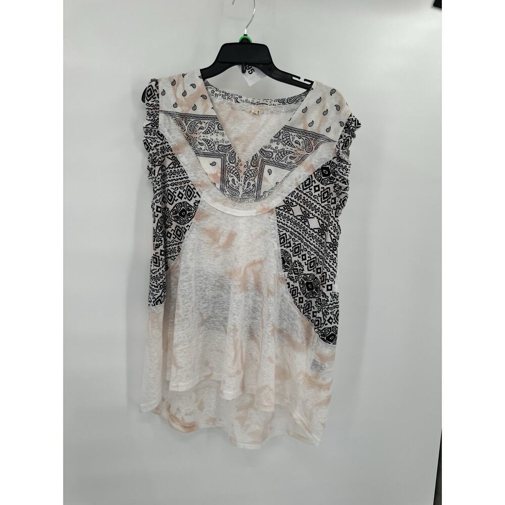 POL Shirt Womens Large Boho Flowy Aztec Ruffle Casual Carefree Loose Knit Tencel